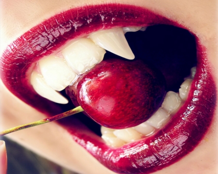 Red - vampire, lips, red, cherry, fruit, lipstick, fang