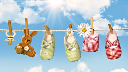 Happy spring! - blue, daisy, spring, flower, pink, bunny, baby, toy, easter, shoes, white, green, sky