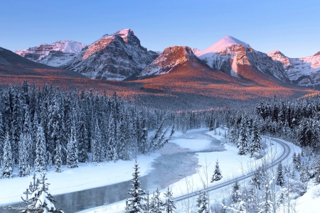 Bow River, Canada - firs, mountains, landscape, snow