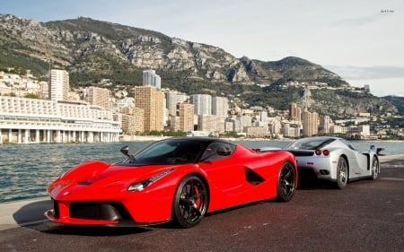 red leferrari by the waterside - leferrari, buidling, mountain, ferrari