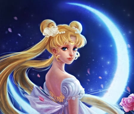 Serenity - yangtianli, girl, rose, serenity, sailor moon, white, art, pink, luminos, blue, anime, luna, blonde, manga