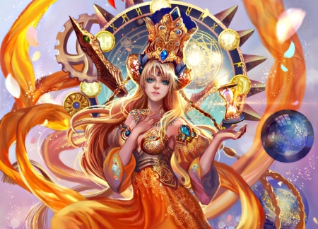 Goddess of Time - goddess of time, beauty, blonde, anime, girl, blue, manga, fantasy, orange, jiuge, luminos, woman