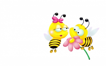 For you, my love! - love, couple, valentine, funny, child, white, bee, bow, yellow, pink, card, insect, flower