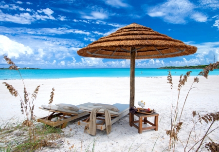 â˜† The Beach Side of Life â˜† - sky, sunshine, beach, paradise, sun, gazebo, sunlounger, coast, vacation, clouds, tropic, sand, skyphoenixx1, ocean, summer, tropical, shore, isle, waves, nature, holidays, island, drinks, sea