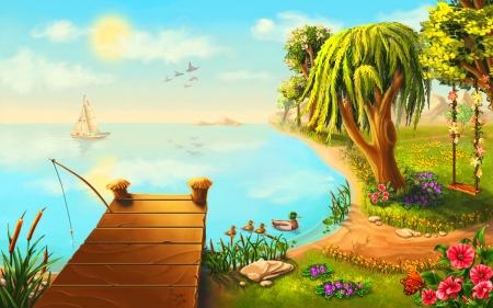 Tranquility - flowers, cartoon, summer, seaside, 2d