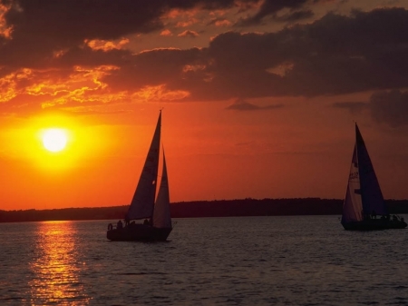 Sailboat at Sunset - sky, reflection, clouds, boat, sunset, sea, nature