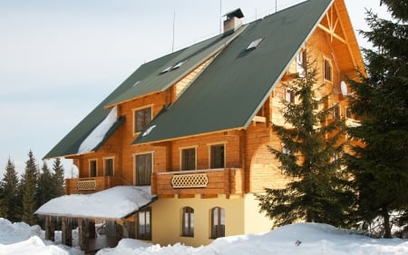 winter chalet - snow, winter, chalet, tree