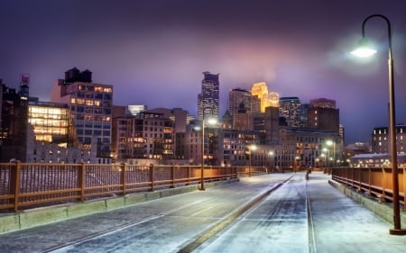 winter in minnesota city - winter, minnesota, building, bridge