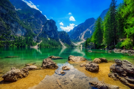 Landscape with mountain and lake - hills, beautiful, landscape, reflection, mountain, stones, mirror, cliffs, lake, sky, rocks