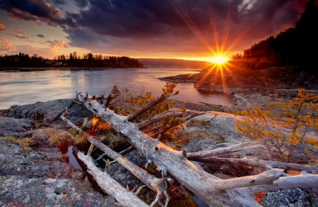 Sunset river - beach, beautiful, glow, shoes, river, sunset, rays, lake, sky, woods