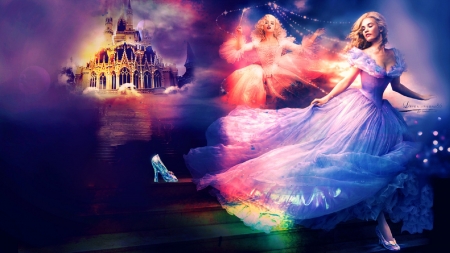 Cinderella Fantasy - pretty, female, beautiful, girl, figure, colorful, fantasy, rainbow, digital, woman, cinderella, fairy, art, castle