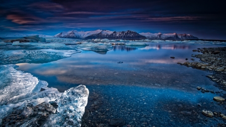 icy mountain river hdr - river, ice, winter, hdr, dusk, mountains, rocks