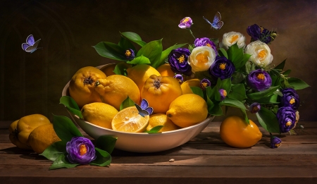 Lemons - flowers, still life, lemons, butterflies