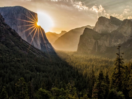 Yosemite Sunset - national park, landscape, firs, mountains, sun, sky