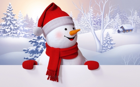 Happy Holidays! - snowman, craciun, hat, winter, scarf, gloves, christmas, white, red, blue, card, holiday