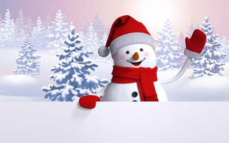 Happy Holidays! - snowman, craciun, hat, winter, scarf, gloves, christmas, white, red, blue, card, holiday