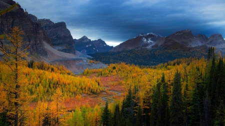 river valley in autumn - autumn, valley, forest, river, overcast, mountains