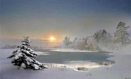 Sunset at winter - snow, winter, sunset, lovely