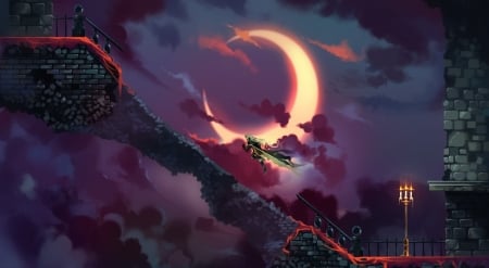 Castelvania - clouds, castelvania, moon, videogames, lanterns, night, red moon, stairs, purple, red, art, castle