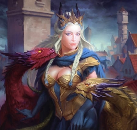 Khaneshi - pretty, yellow, female, town, blue, crown, dress, red, fantasy woman, art, abstract, kingdom, queen, beautiful, fantasy, dragons, lady, woman