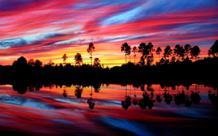 Colorful Sunset - lake, trees, sunset, nature, yellow, reflection, clouds, red, blue, sea