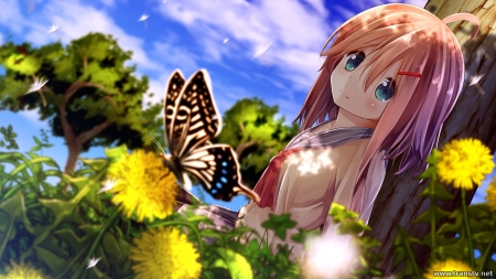 A Summer Day - summer, butterflie, kawaii, readhead, short hair, anime, girl