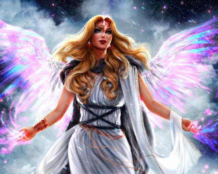 New wings - pink, denahelmi, blonde, girl, blue, new wings, art, white, fantasy, woman, angel