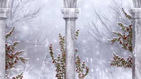 Winter - ice, winter, column, rose, fantasy, cold, red, 3d, blue, snow, luminos, flower