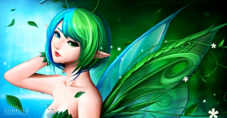 Fairy - spirit, loneold, fantasy, green, wings, butterfly, fairy, cute, luminos