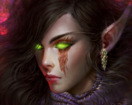 Asmodee Sunwhisper - face, portrait, pink, denahelmi, dark, elf, jewel, girl, eyes, art, fantasy, luminos, woman, asmodee sunwhisper, green