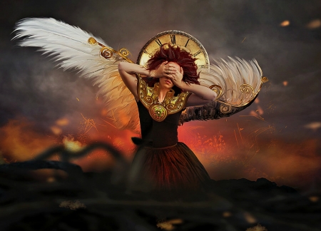 Vulcana - denise worisch, vulcana, girl, angel, orange, dark, black, fantasy, white, red, woman, wings, art, luminos