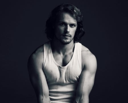 Sam Heughan - male, black, actor, white, bw, Sam Heughan, man