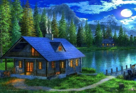 the blue cabins - lake, snow, night, mountains, pines, cabins