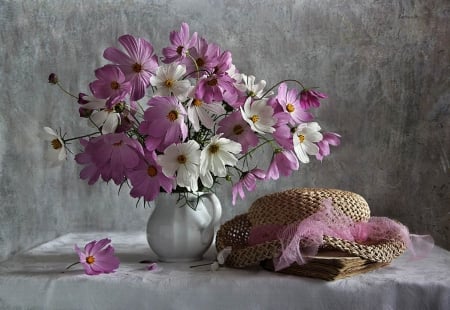 Still Life - white, purple, flowers, vase