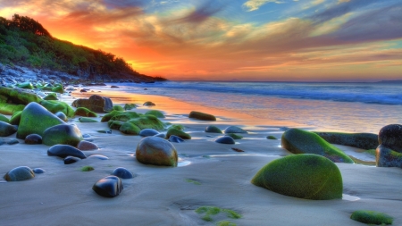 Rocky Coast Sunset - stone, beach, sky, landscape, water, moss, rocks, coast, nature, clouds, sea, sand