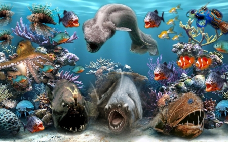 sea creatures - creatures, sea, ocean, fish