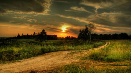 Horizon Sunset - clouds, horizon, trees, sunset, nature, road, grass, sky