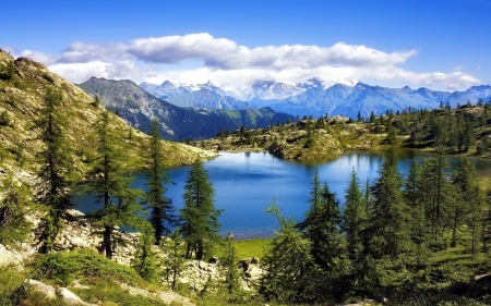 Lake Mountains - clouds, trees, nature, skyline, lake, forest, peaks