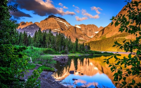 Mountain reflections - trees, beautiful, landscape, spring, forest, reflection, mountain, cliffs, lake, sky, rocks