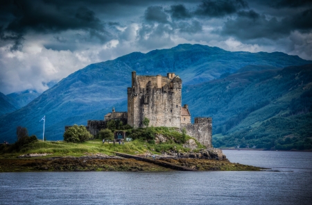 Eilean Donan Castle, Scotland - clouds, river, highlands, landscape, mountains