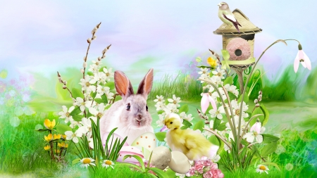 Easter Bunny and Duckling - chick, duck, easter, bunny, spring, bird, eggs, rabbit, duckling, flowers