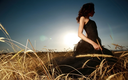 black bride in crop field - crop, bride, field, girl