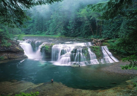 the fishing hole - trees, men, fishing, falls, hole