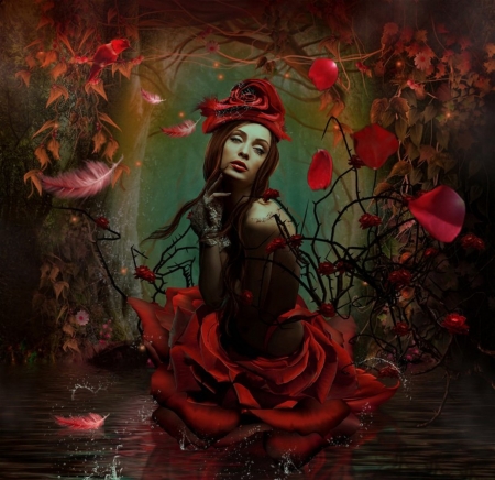 WAITING BETWEEN THORNS - woman, photomanipulation, redhead, feathers, thorns, female, roses, rose, love four seasons, weird things people wear, petals, red, leaves, flowers