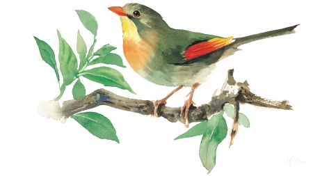 Watercolor Bird - bright, leaves, summer, painted, tree, spring, bird