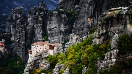 Meteora Cloister, Greece - nature, bulding, mountain, trees