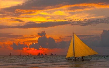 Sailboat at Sunset - nature, sky, beach, boats, shore, sunset, sea