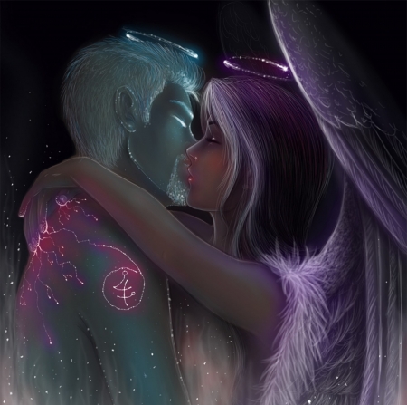 ETERNAL LOVE - male, female, kiss, halo, wings, angels