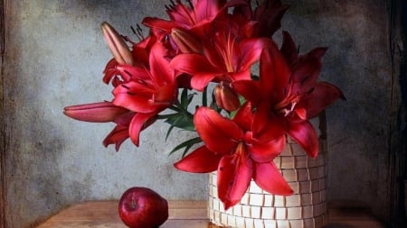 Still Life - flowers, apple, still life, red