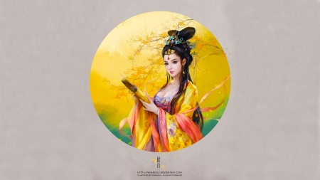 Fine Beauty - woman, phoenix lu, female, girl, lovely, fantasy, asian, art, fine, pretty, yellow, beautiful, digital